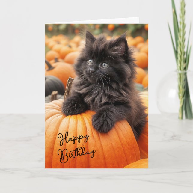 Tarjeta Gatito De Cumpleaños De Halloween En La Calabaza (Anverso)