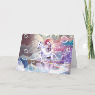 Tarjeta Gatito de galaxia arco iris montando unicornio en 
