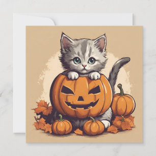 Tarjeta Gatito de Halloween y Jack-O'-Lantern