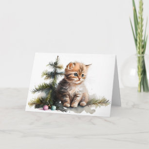 Tarjeta Gatito de Navidad en acuarela