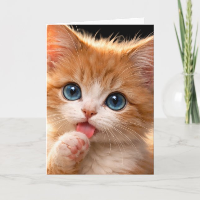 Tarjeta Gatito de ojos azules lamiendo su pata (Anverso)