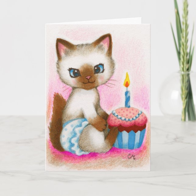 Tarjeta Gatito del cumpleaños - arte lindo del gato (Anverso)