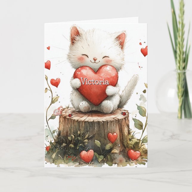 Tarjeta Gatito del Día de San Valentín Corazones Rojos (Anverso)