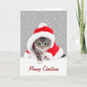 Tarjeta Gatito en Navidades Santa Hat y Snowflakes