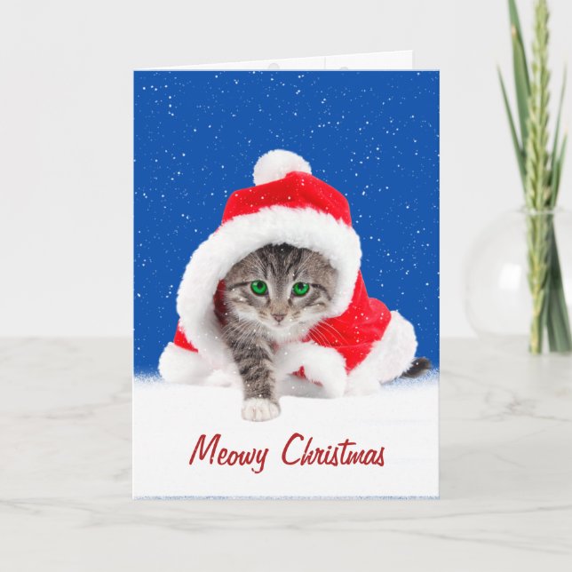 Tarjeta Gatito en Navidades Santa Hat y Snowflakes (Anverso)