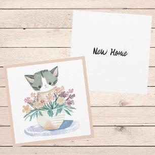 Tarjeta Gatito En Pota De Flores Bienvenidos A Su Nuevo Ho