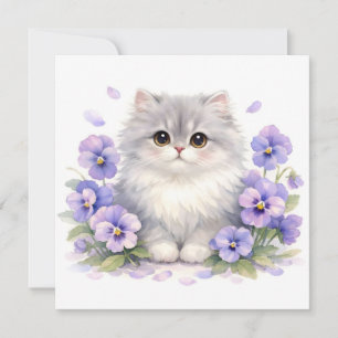 Tarjeta Gatito esponjoso de acuarela con flores de pensami