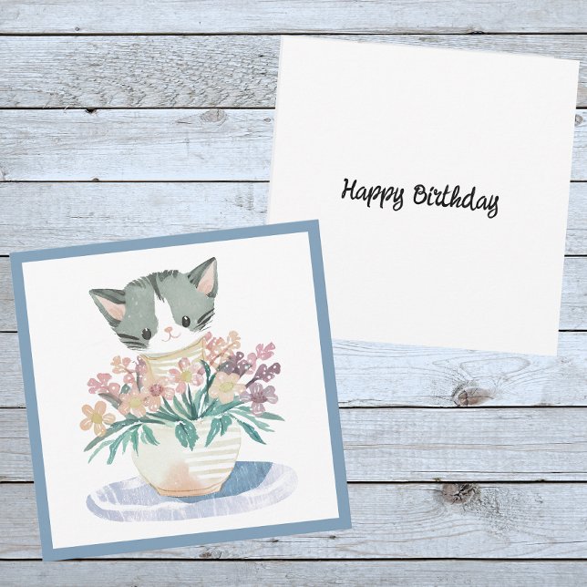 Tarjeta Gatito Feliz Cumpleaños Sentado En Una Bota De Flo (Front And Back)