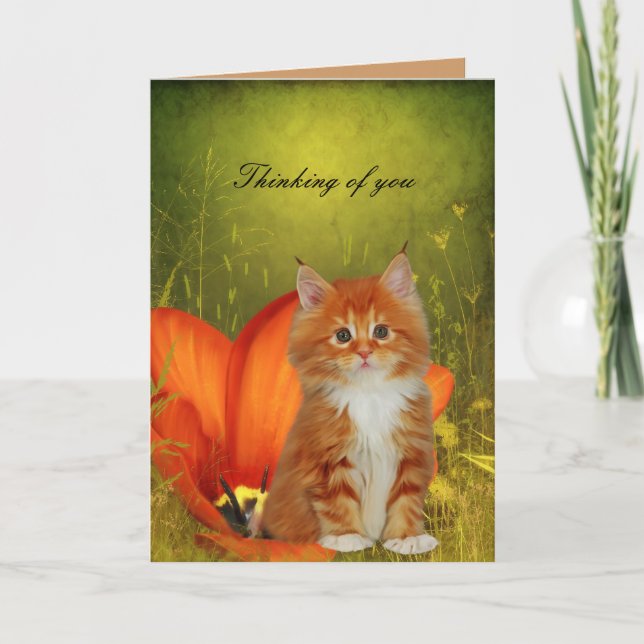 Tarjeta Gatito Gato Blanco Flores "Pensando en ti" (Anverso)