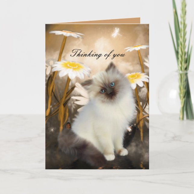 Tarjeta Gatito Gato Blanco Flores "Pensando en ti" (Anverso)