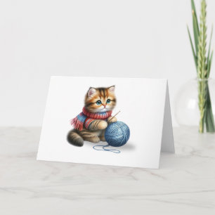 Tarjeta Gatito lindo con saludo en blanco de yarn azul y e