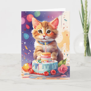 Tarjeta Gatito lindo en el Fiesta con pastel