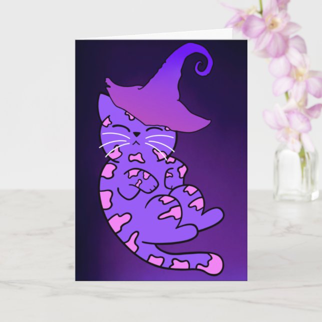 Tarjeta Gatito morado con Gorra de brujas (Orquídea)