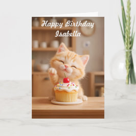 Tarjeta Gatito naranja adorable con una magdalena