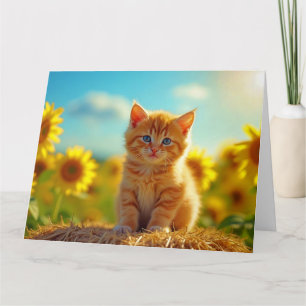 Tarjeta Gatito Naranja Adorable en Campo de Girasoles