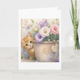 Tarjeta Gatito Naranja Adorable y Flores Silvestres – Para