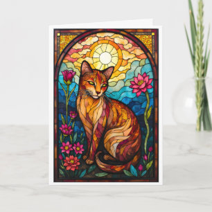 Tarjeta Gatito naranja estilo vidrio emplomado con flores 