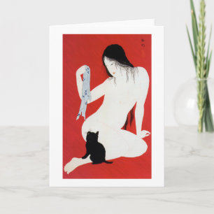 Tarjeta Gatito negro y mujer, Takahashi Shotei