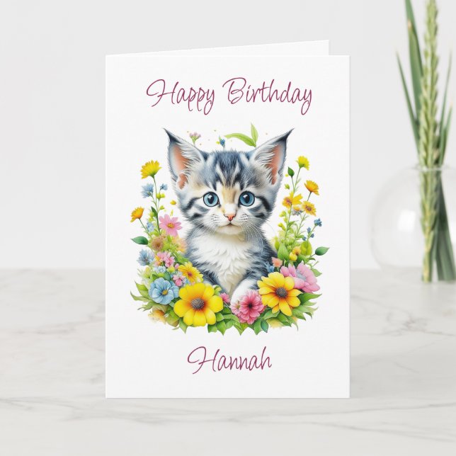 Tarjeta Gatito personalizado lindo en cumpleaños con flore (Anverso)