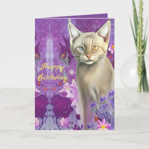 Tarjeta Gatito siamés de ojos extraños en color rosa Feliz