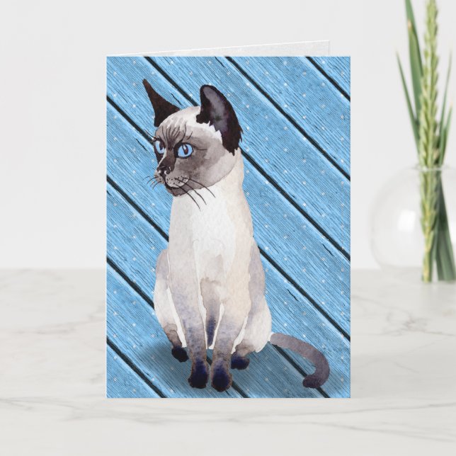 Tarjeta gatito siamés del cumpleaños en la madera azul (Anverso)