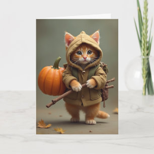 Tarjeta Gatito vagabundo viajero con calabaza