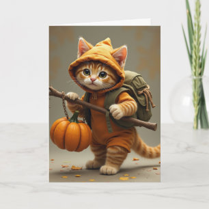 Tarjeta Gatito vagabundo viajero con calabaza