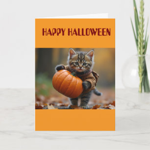 Tarjeta Gatito vagabundo viajero con calabaza