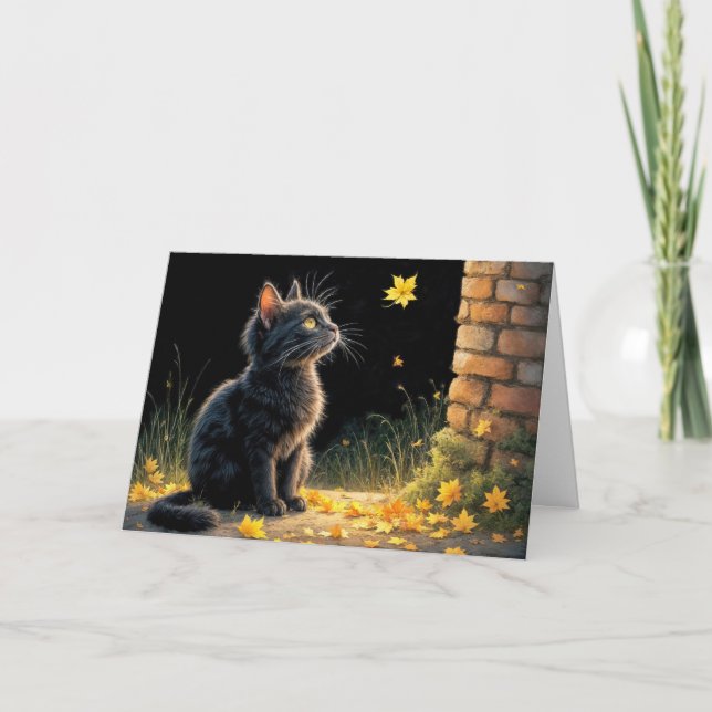 Tarjeta Gatito viendo una caída de la hoja de otoño (Anverso)