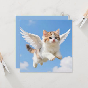 Tarjeta Gatito Volador Adorable Calico Tabby Cielo Azul