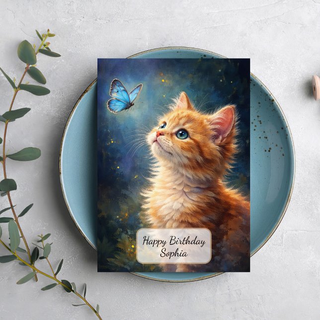 Tarjeta Gatito y mariposa azul (Subido por el creador)
