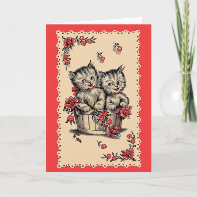 Tarjeta gatitos adorables en una cesta de flores (Anverso)