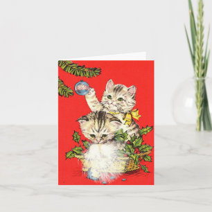 Tarjeta Gatitos de teatro vintage con adorno navideño