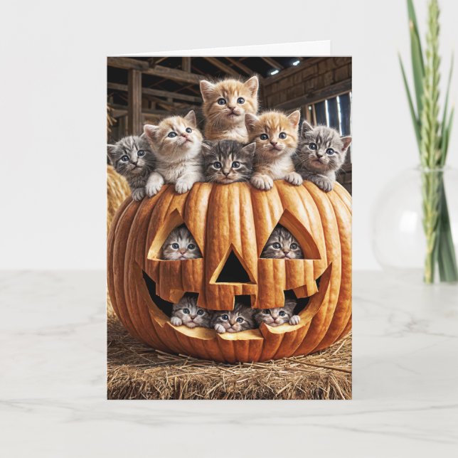 Tarjeta Gatitos En Calabaza De Halloween (Anverso)