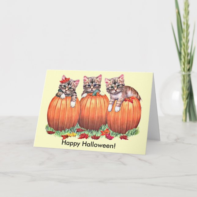 Tarjeta Gatitos en calabazas para Halloween (Anverso)