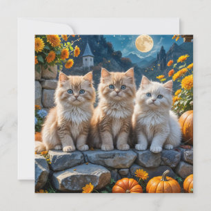 Tarjeta Gatitos esponjosos de otoño, calabazas y flores