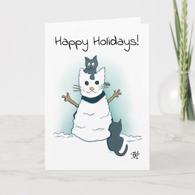 Tarjeta Gatitos haciendo gatos de nieve Navidades Felices  (Anverso)