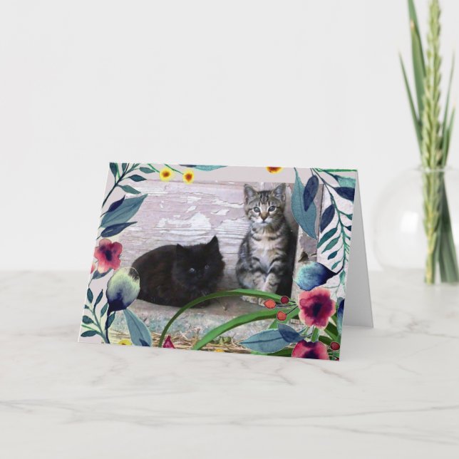 Tarjeta Gatitos Lindos con Hojas Flores Acuarela (Anverso)