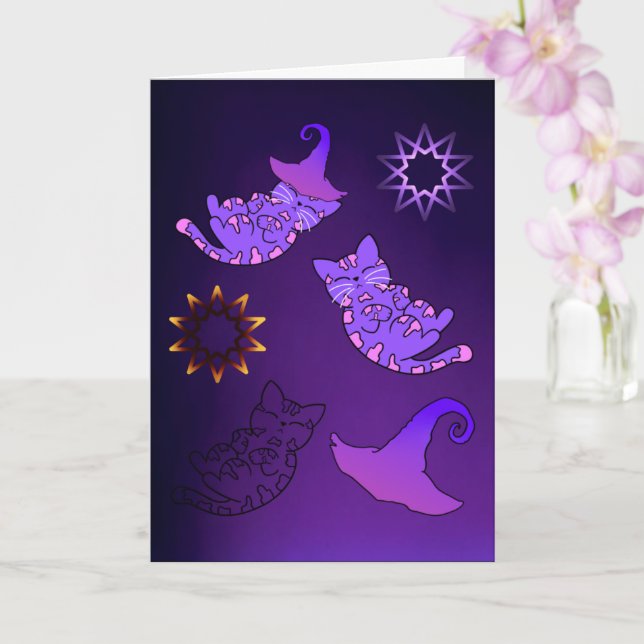 Tarjeta Gatitos morados con Gorras de brujas y estrellas (Orquídea)