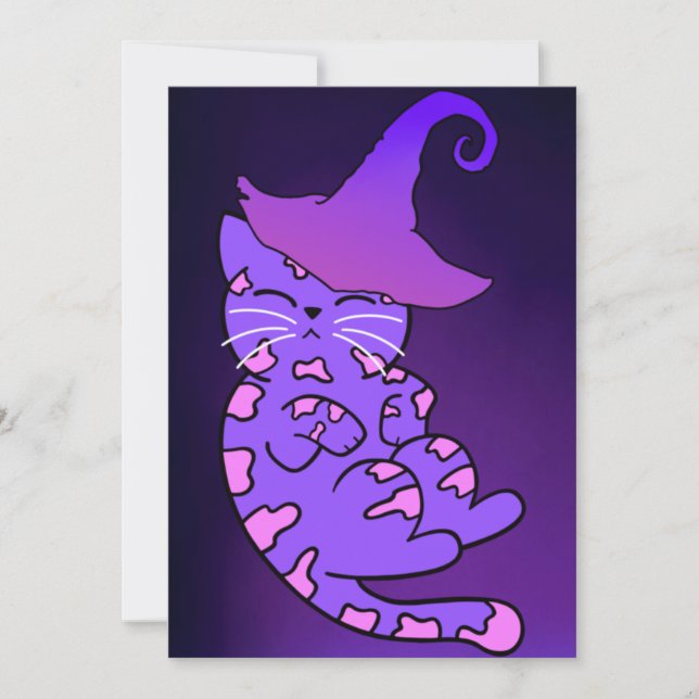 Tarjeta Gatitos morados con Gorras de brujas y estrellas (Anverso)
