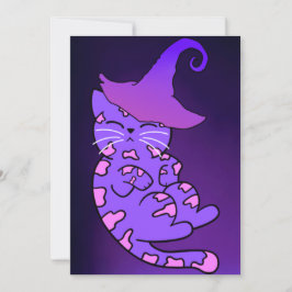 Tarjeta Gatitos morados con Gorras de brujas y estrellas