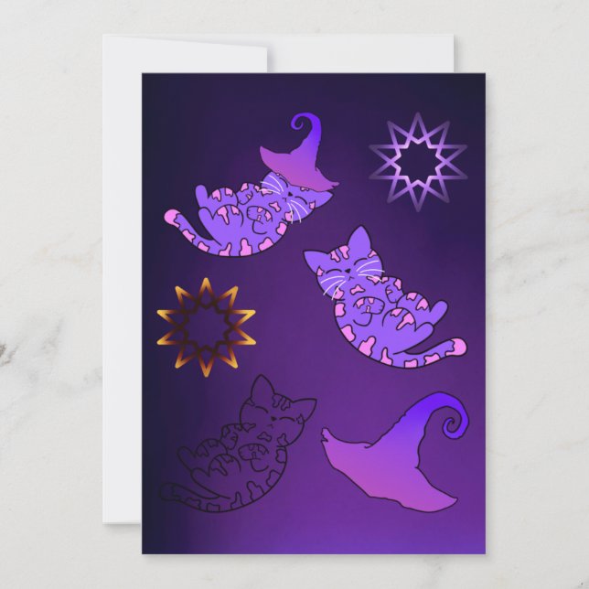Tarjeta Gatitos morados con Gorras de brujas y estrellas (Anverso)