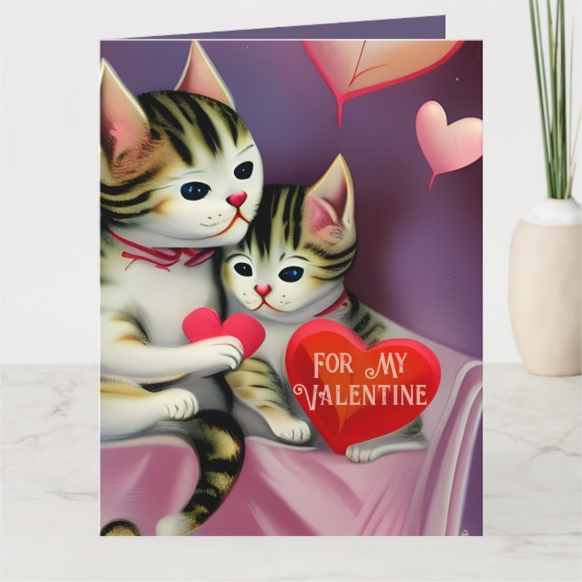 Tarjeta Gatitos y corazones retro de San Valentín (Anverso)