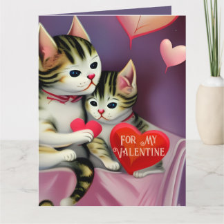 Tarjeta Gatitos y corazones retro de San Valentín