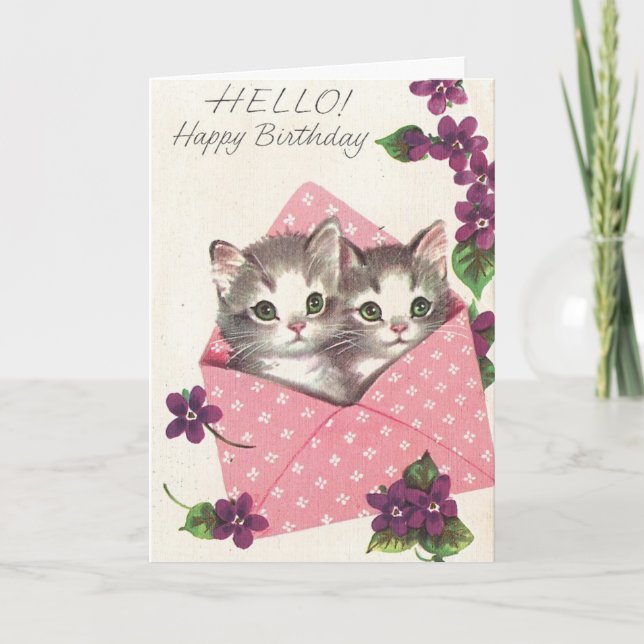 Tarjeta Gatitos y violetas del cumpleaños del vintage, (Anverso)