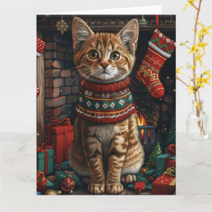 Tarjeta Gato Abisinio con regalos de Navidad Chimenea