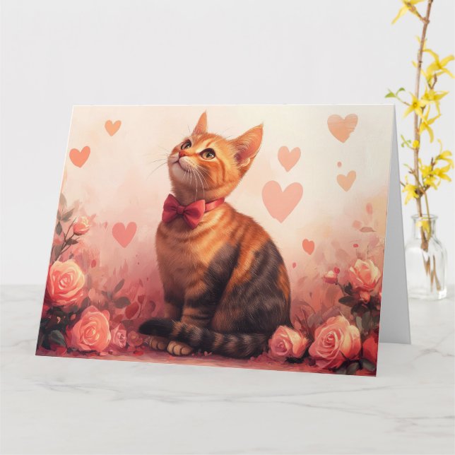 Tarjeta Gato Abisinio con Rosas - Día de San Valentín  (flor amarilla)