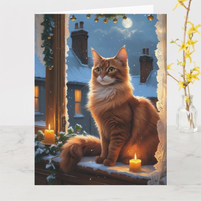 Tarjeta Gato abisino con vacaciones de Navidades alumbrado (flor amarilla)