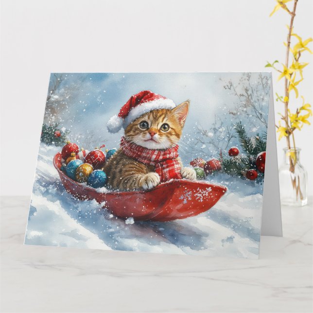 Tarjeta Gato abisino en escurrimiento deja que nieve Navid (flor amarilla)