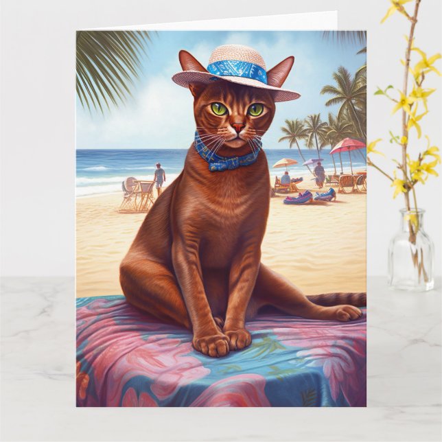 Tarjeta Gato abisino en la playa, regalo de verano para el (flor amarilla)